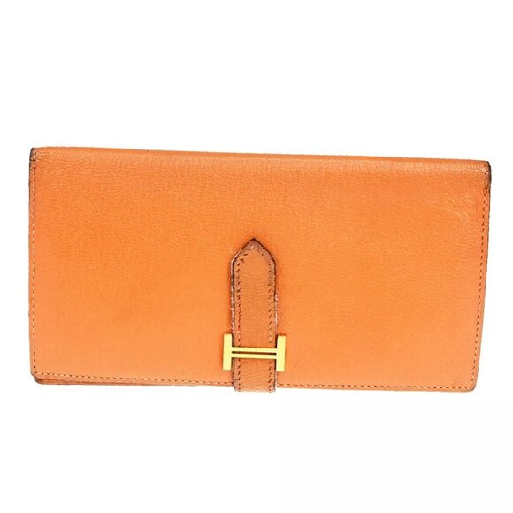 HERMES Bearn Long Bifold Wallet Chevre Mysore Goatskin Leather Orange 6 - Picture 1 of 16